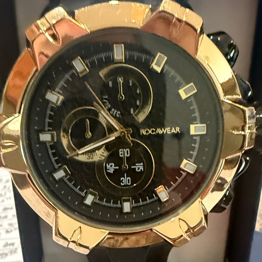 #90 Rocawear Black and Gold Chronograph Watch Black Silicone Band